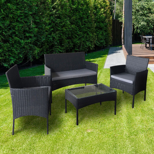 Roger 4 Seater Black Rattan Outdoor Sofa Set with Table and Seat Cushions - MCC - Wilko - image 1