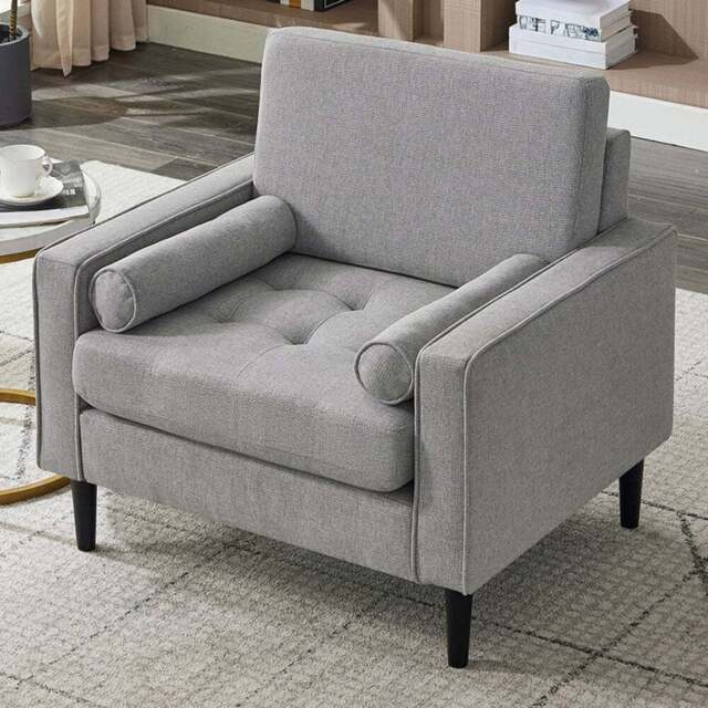 Living and Home Grey Linen Mid-Century Armchair with Armrest Pillows - Size: 81 x 83 x 73cm - Wilko - image 1