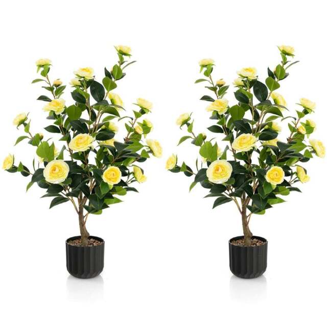 Costway Yellow Flowers Camellia Tree Artificial Plant In Pot 3.1ft 2 Pack - Size: 100 x 22 x 21cm - Wilko - image 1