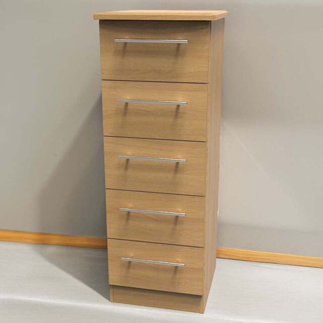 Crowndale Sherwood 5 Drawer Oak Tall Bedside Cabinet - Brown - Wilko - image 1