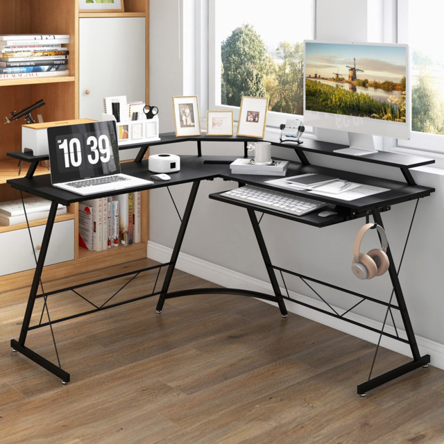 Costway 2 Shelf L Shaped Computer Desk with Power Outlet Black - Size: 94 x 59 x 17cm - Wilko