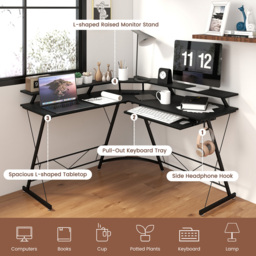 Costway 2 Shelf L Shaped Computer Desk with Power Outlet Black - Size: 94 x 59 x 17cm - Wilko - thumbnail 6