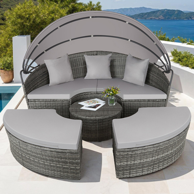 tectake Santorini Grey Sun Lounger with Shade Canopy - Size: 136 x 171 x 175cm - Wilko - image 1