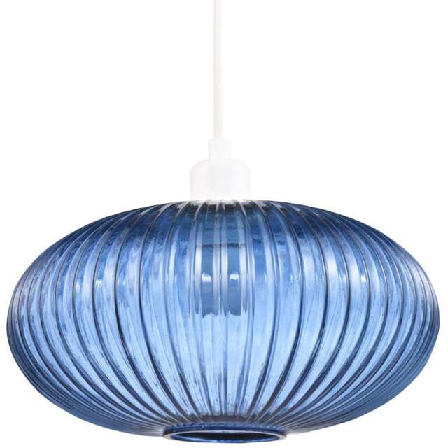 Happy Homewares Designer Navy Midnight Blue Line Ribbed Glass Oval Pendant Shade - Size: 17 x 30 x 30cm - Wilko - image 1