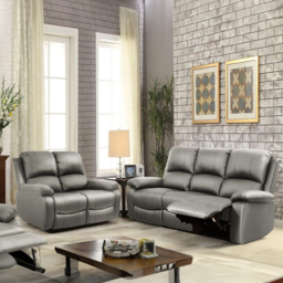 Brooklyn 5 Seater Light Grey Bonded Leather Manual Recliner Sofa Set - Wilko