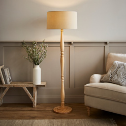 ValueLights Victoria Cream Fabric Drum Shade Light Wood Traditional Stem LED Floor Lamp - Size: 157 x 45 x 45cm - Wilko - thumbnail 3