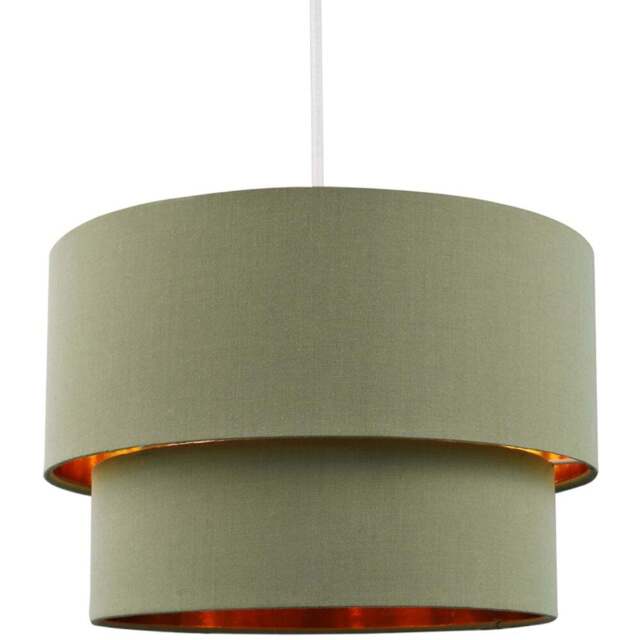 Happy Homewares Olive Green Cotton Double Tier Shiny Copper Inner Pendant Shade - Size: 20 x 30 x 30cm - Wilko - image 1