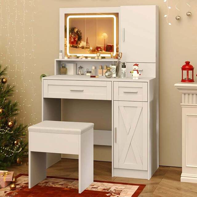 Costway Farmhouse White Dressing Table and Stool Set with Charging Station and LED Mirror - Size: 90 x 39.5 x 136.5cm - Wilko - image 1