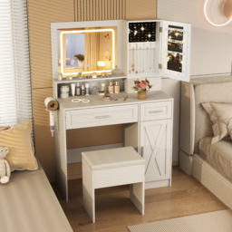 Costway Farmhouse White Dressing Table and Stool Set with Charging Station and LED Mirror - Size: 90 x 39.5 x 136.5cm - Wilko - thumbnail 5
