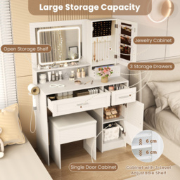 Costway Farmhouse White Dressing Table and Stool Set with Charging Station and LED Mirror - Size: 90 x 39.5 x 136.5cm - Wilko - thumbnail 7