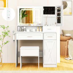 Costway Farmhouse White Dressing Table and Stool Set with Charging Station and LED Mirror - Size: 90 x 39.5 x 136.5cm - Wilko - thumbnail 4