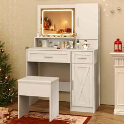 Costway Farmhouse White Dressing Table and Stool Set with Charging Station and LED Mirror - Size: 90 x 39.5 x 136.5cm - Wilko - thumbnail 1