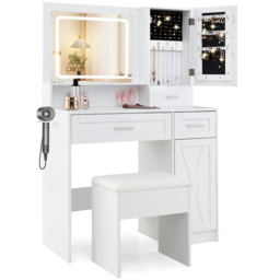 Costway Farmhouse White Dressing Table and Stool Set with Charging Station and LED Mirror - Size: 90 x 39.5 x 136.5cm - Wilko - thumbnail 3