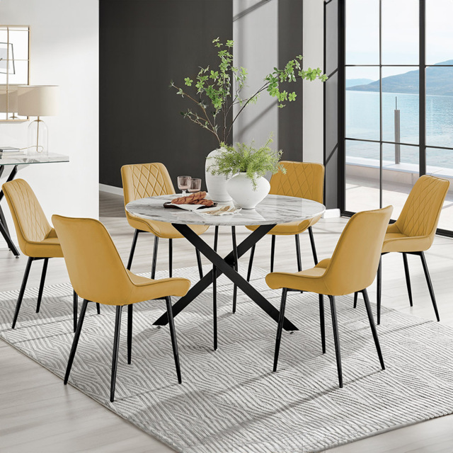 Furniturebox Arona Cesano Marble 6 Seater Round Dining Set White and Mustard - Yellow - Wilko - image 1