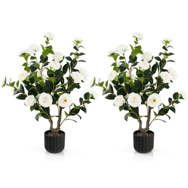 Costway White Flowers Camellia Tree Artificial Plant In Pot 3.1ft 2 Pack - Size: 100 x 22 x 21cm - Wilko - image 1