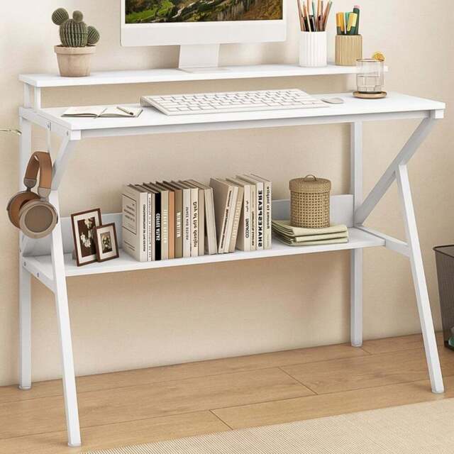 Costway Single Shelf Computer Desk with Monitor Stand White - Size: 100 x 48 x 82cm - Wilko