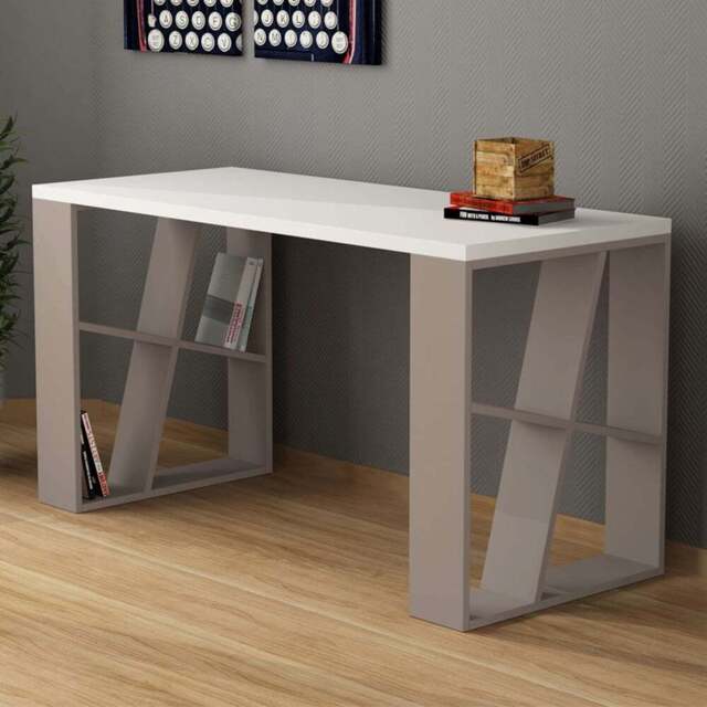 Decortie Honey Modern Desk with Bookshelf Honey White and Mocha Grey - Multi - Wilko - image 1