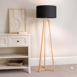 ValueLights Lottie Black Fabric Drum Shade Natural Wood Tripod LED Floor Lamp - Size: 148 x 45 x 45cm - Cream - Wilko - thumbnail 3