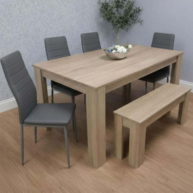Kosy Koala 6 Seater Faux Leather Dining Bench Set Oak Effect and Grey - Multi - Portland - Wilko - image 1