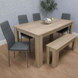 Kosy Koala 6 Seater Faux Leather Dining Bench Set Oak Effect and Grey - Multi - Portland - Wilko - thumbnail 1