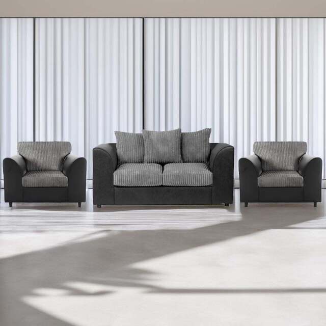Luxor 4 Seater Black and Grey Jumbo Cord Scatter Back Sofa Suite - Multi - Wilko - image 1