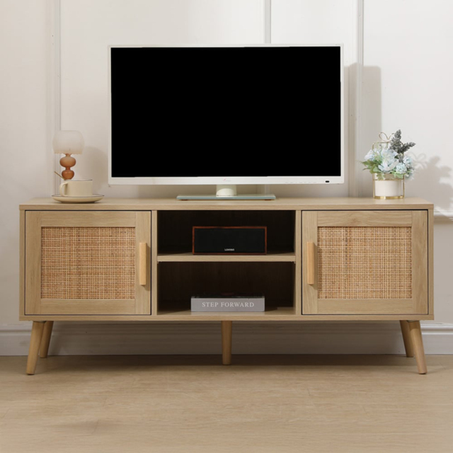 FurnitureHMD 2 Door 2 Shelf Rattan Weaving TV Unit - Size: 50 x 120 x 40cm - Natural - Wilko - image 1