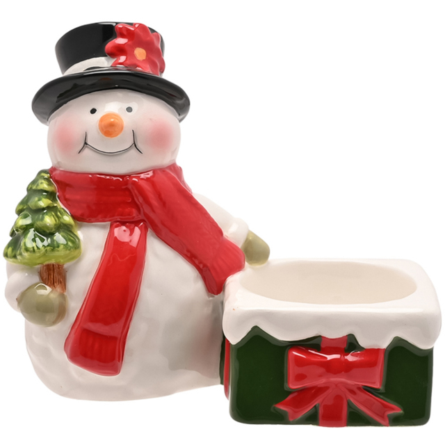 The Seasonal Gift Co. Santa and Friends Ceramic Snowman Tea Light Candle Holder - Size: 10.5 x 11.5 x 7cm - White - Wilko - image 1