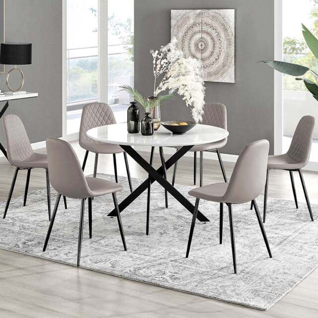 Furniturebox Arona Solara 6 Seater Round Dining Set White Gloss Black and Cappuccino - Brown - Wilko - image 1