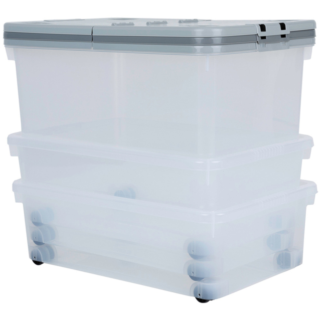 Wham Stackable Plastic Cool Grey Storage Box with Wheels and Folding Lid 3 Piece - Wilko - image 1