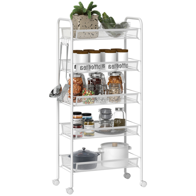 HOMCOM 5-Tier White Utility Rolling Cart with Removable Mesh Baskets - Size: 106 x 26.5 x 45cm - Wilko - image 1