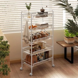 HOMCOM 5-Tier White Utility Rolling Cart with Removable Mesh Baskets - Size: 106 x 26.5 x 45cm - Wilko - thumbnail 5