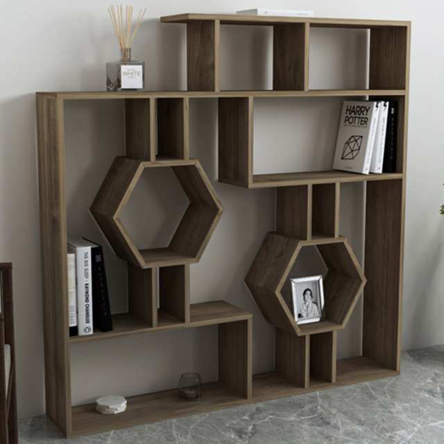 Decorotika Tamara Walnut Geometric Unique Bookshelf - Size: 134 x 134 x 22cm - Brown - Wilko - image 1