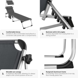 tectake Aurelie Grey 6 Position Backrest Foldable Sun Lounger with Headrest - Size: 1 Seater - Wilko - thumbnail 4