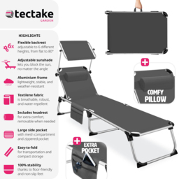 tectake Aurelie Grey 6 Position Backrest Foldable Sun Lounger with Headrest - Size: 1 Seater - Wilko - thumbnail 7