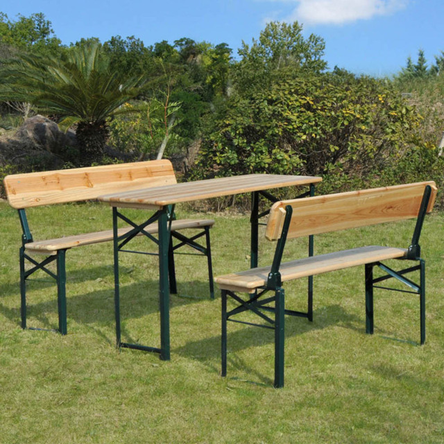Outsunny 3 Piece Wooden Foldable Table and Bench Set - Size: 4 Seater - Brown - Wilko - image 1