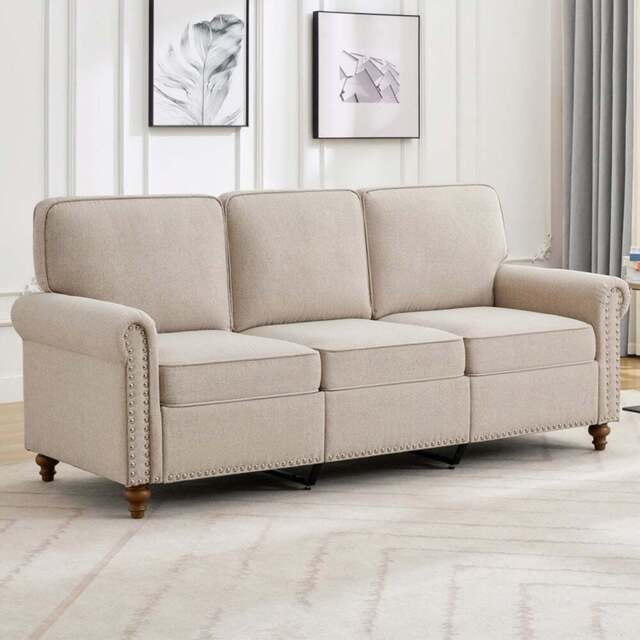 3 Seater Beige Plush Padded Studded Sofa - MCC - Wilko - image 1