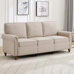 3 Seater Beige Plush Padded Studded Sofa - MCC - Wilko