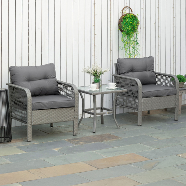 Outsunny 3 Piece Rattan Bistro Set Grey - Size: 2 Seater - Wilko - image 1