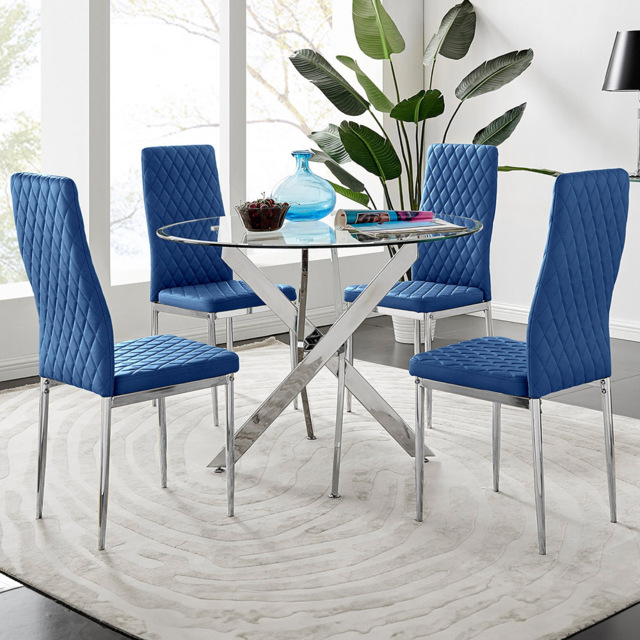 Furniturebox Arona Valera 4 Seater Round Dining Set Navy and Chrome - Blue - Wilko - image 1