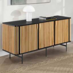 Tectake Lineo 3 Door Solid Wood Slatted Design Sideboard - Size: 74 x 156 x 45.5cm - Black - Wilko