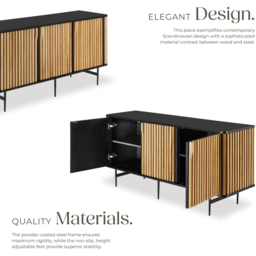 Tectake Lineo 3 Door Solid Wood Slatted Design Sideboard - Size: 74 x 156 x 45.5cm - Black - Wilko - thumbnail 5