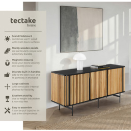 Tectake Lineo 3 Door Solid Wood Slatted Design Sideboard - Size: 74 x 156 x 45.5cm - Black - Wilko - thumbnail 4