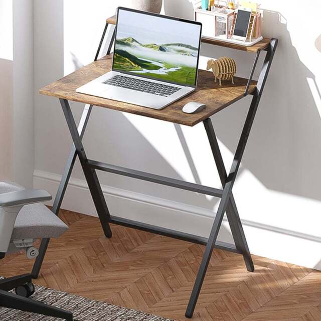 HOMCOM 2 Shelf Foldable Computer Desk Rustic Brown - Size: 86.5 cm x 62 x 70cm - Wilko - image 1