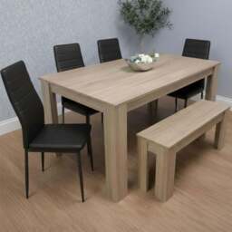 Kosy Koala 6 Seater Faux Leather Dining Bench Set Oak Effect and Black - Multi - Portland - Wilko
