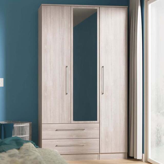 Crowndale Worcester 3 Door 2 Drawer Grey Oak Tall Mirror Wardrobe Ready Assembled - Wilko - image 1