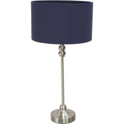ValueLights Maggie Navy Blue and Brushed Chrome Drum Shade Candlestick LED Table Lamp - Size: 50 x 25 x 25cm - Silver - Wilko