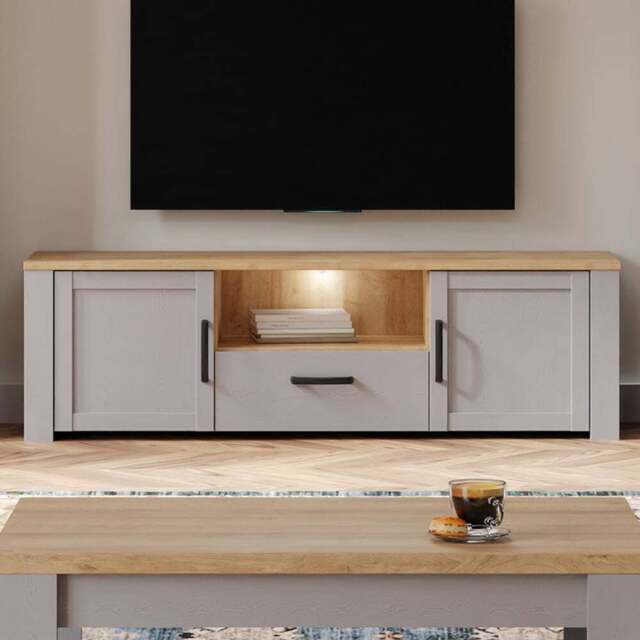 Florence Bohol 2 Door Single Drawer Grey Riviera Oak TV Unit - Size: 42 x 166 x 52cm - Brown - Wilko - image 1
