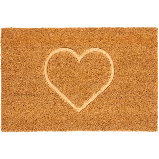 Eselle Astley Pressed Heart Embossed Natural Coir Door Mat 40 x 60cm - Size: 40 x 60 x 1.5cm - Brown - Wilko - image 1