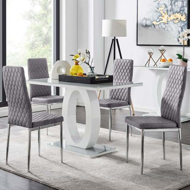 Furniturebox Lucia Valera 4 Seater Dining Set Grey Gloss and Chrome - Wilko - image 1
