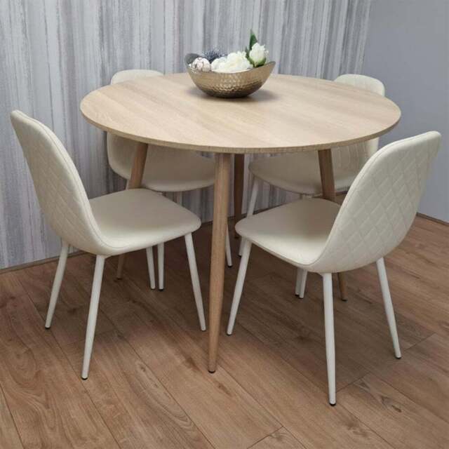 Kosy Koala 4 Seater Round Faux Leather Wooden Dining Set Cream - Beige - Wilko - image 1